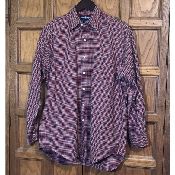 Ralph Lauren Lowell Sport Long Sleeve Button Up Mens Medium Polo Shirt Red Plaid - Picture 2 of 10